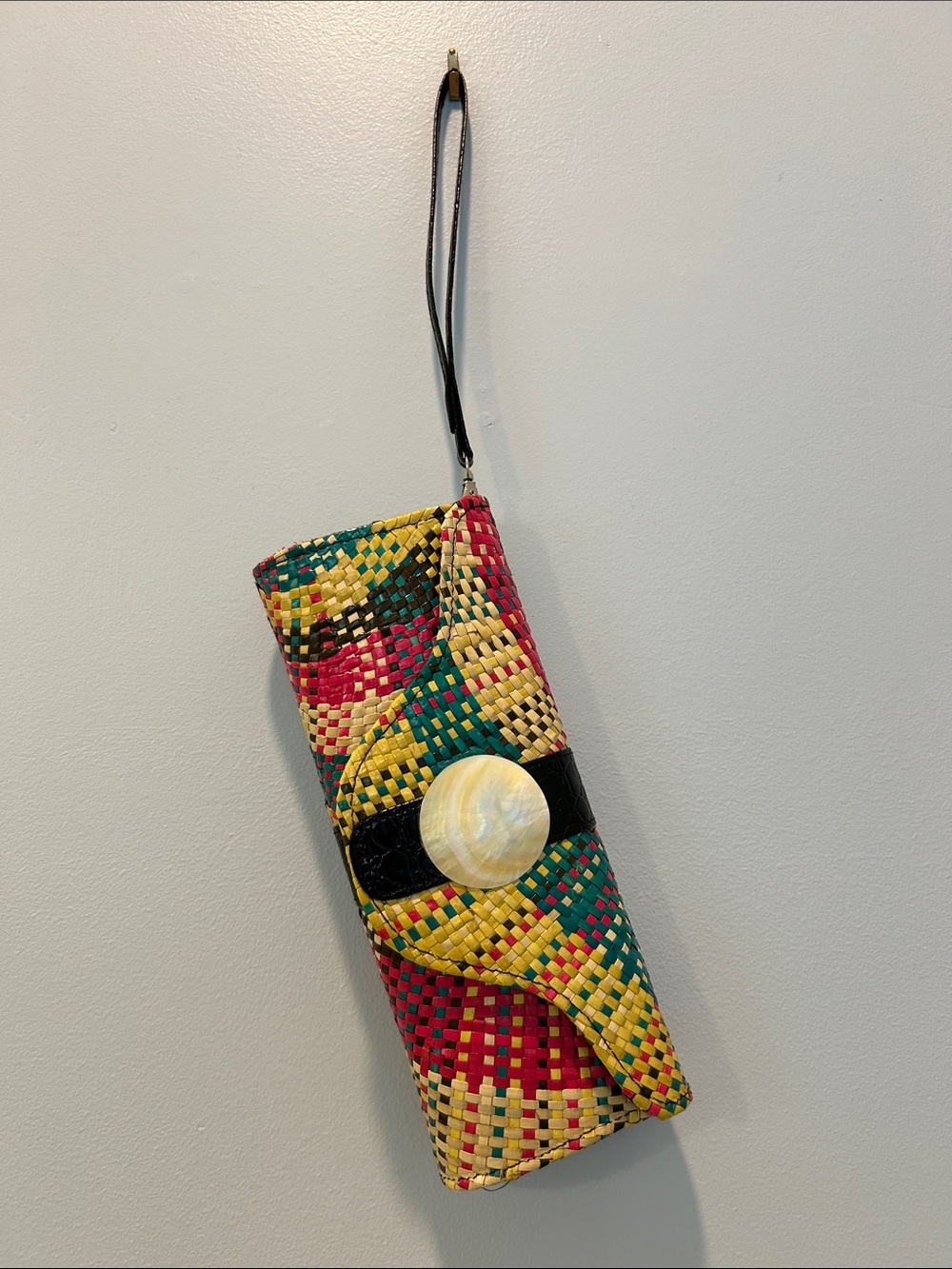 Woven Multicolor Wristlet Clutch with Shell Button